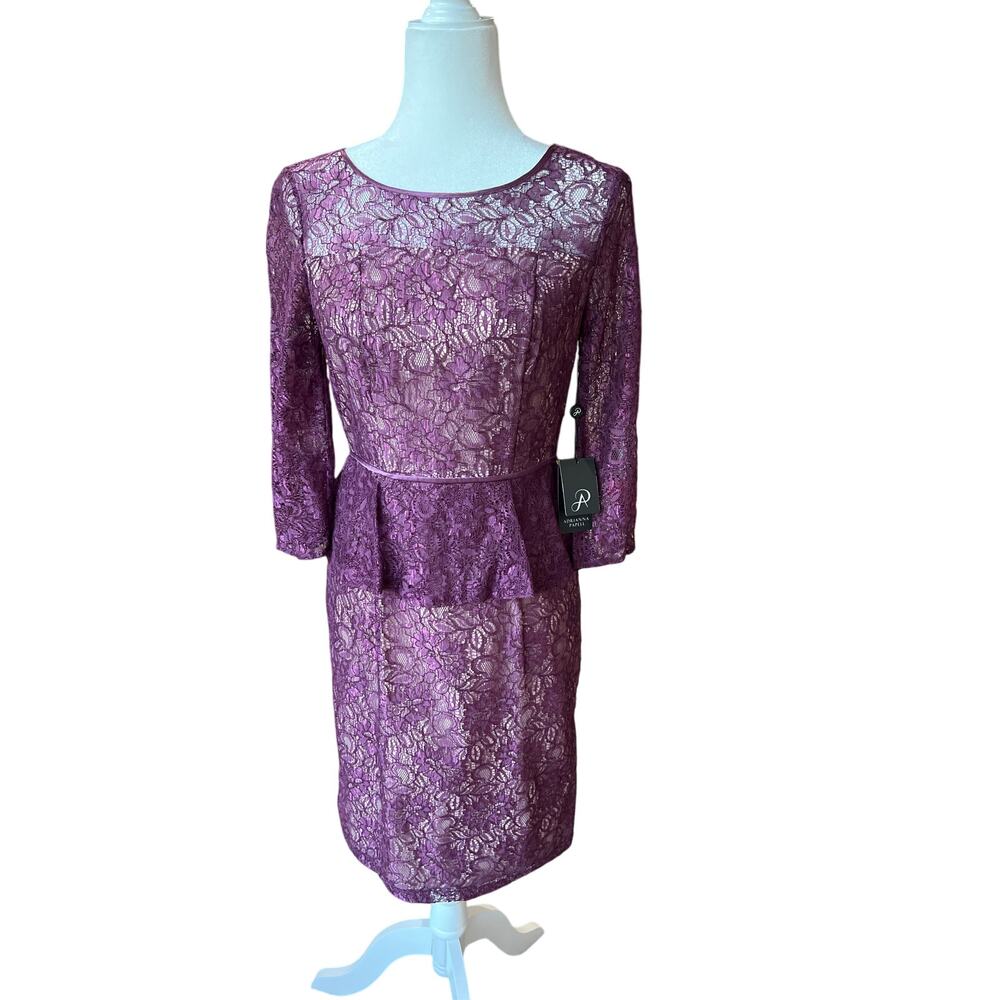 Adrianna Papell Plum Lace Peplum Dress Women's Size 4 Cocktail Holiday NWT $180